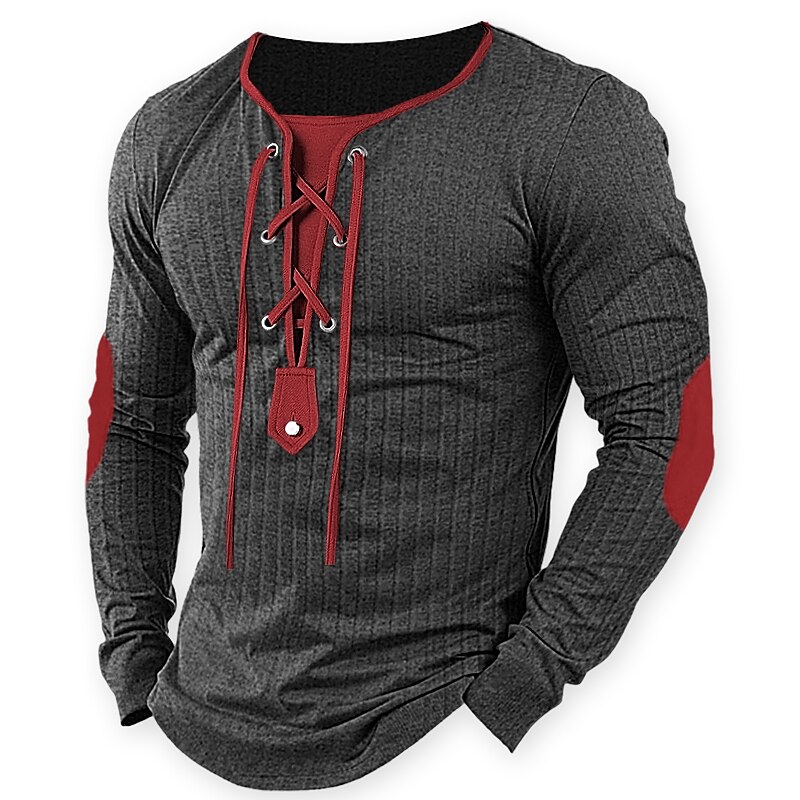 Men's Ribbed Knit Top Long Sleeve Color Block Collar Street Vacation Patchwork Drawstring Clothing Apparel Fashion Designer Basic T-shirt