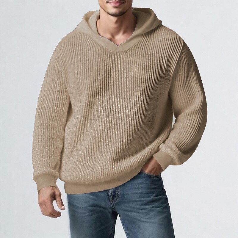 Men's Pullover Sweater Jumper Knit Sweater Ribbed Knit Regular Tops Knitted Plain Hooded Fashion Basic Vacation Daily Wear Clothing Apparel Fall & Winter Black Khaki M L XL