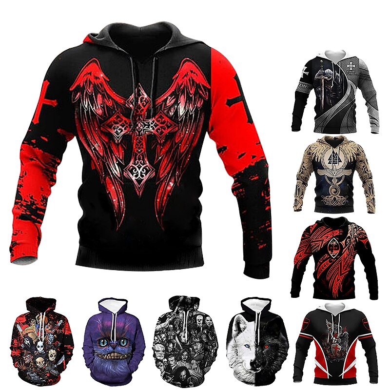 Men's Hoodie Pullover 3D Print Plus Size Basic Long Sleeve Sweatshirt