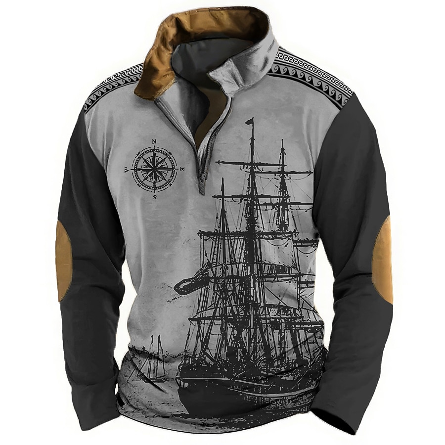 Mens Graphic Sailboat And Compass Hoodie Sweatshirt Zip Pullover Vintage