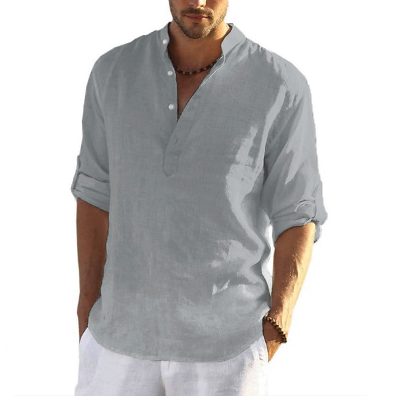 Men's Linen Shirt Shirt Popover Shirt Summer Shirt Beach Shirt Black White Yellow Long Sleeve Solid Color Henley Summer Spring Hawaiian Holiday Clothing Apparel Button-Down
