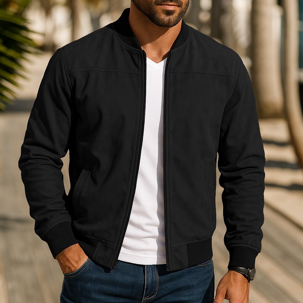 Men's Outdoor Jacket Faux Suede Jacket Bomber Jacket Formal Home Zipper Pocket Fall Winter Solid Color Active Neutral Collar Regular Black Navy Blue Blue Brown Green Jacket