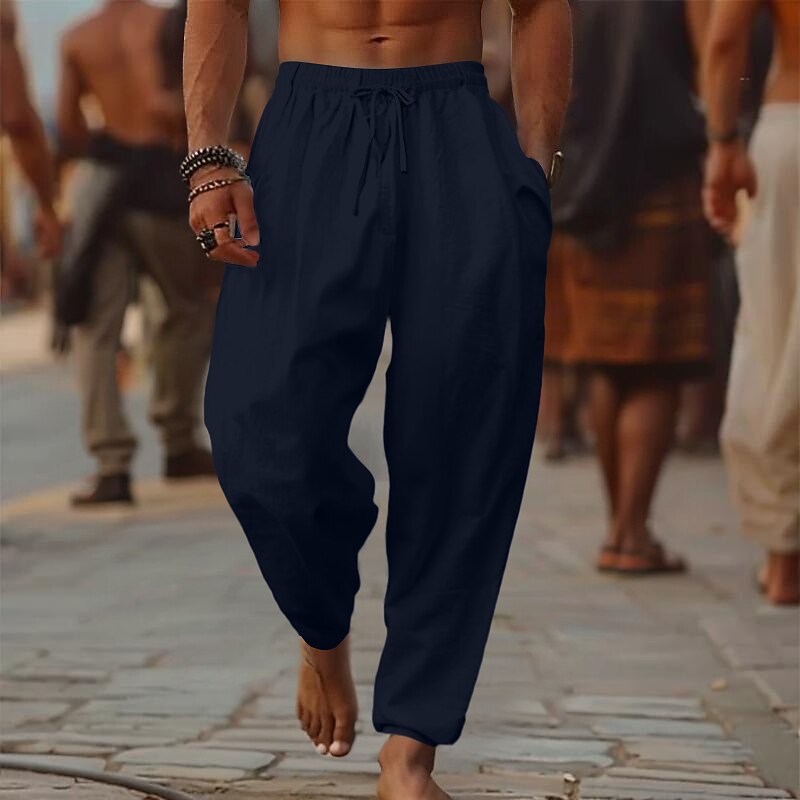 Men's Linen Pants Trousers Summer Pants Baggy Pants Beach Pants Drawstring Elastic Waist Wide Leg Plain Comfort Breathable Full Length Outdoor Casual Holiday Fashion Retro Vintage Black White
