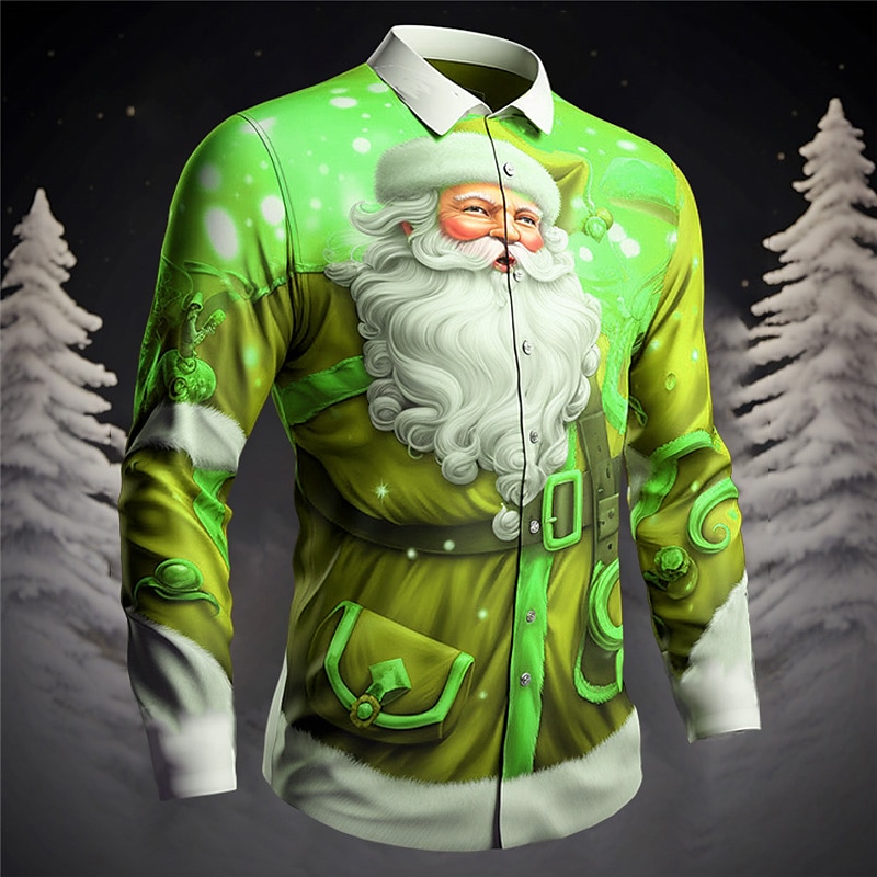 Santa Claus Casual Men's Shirt Outdoor Christmas Street Fall & Winter Turndown Long Sleeve White Yellow Pink S M L Shirt