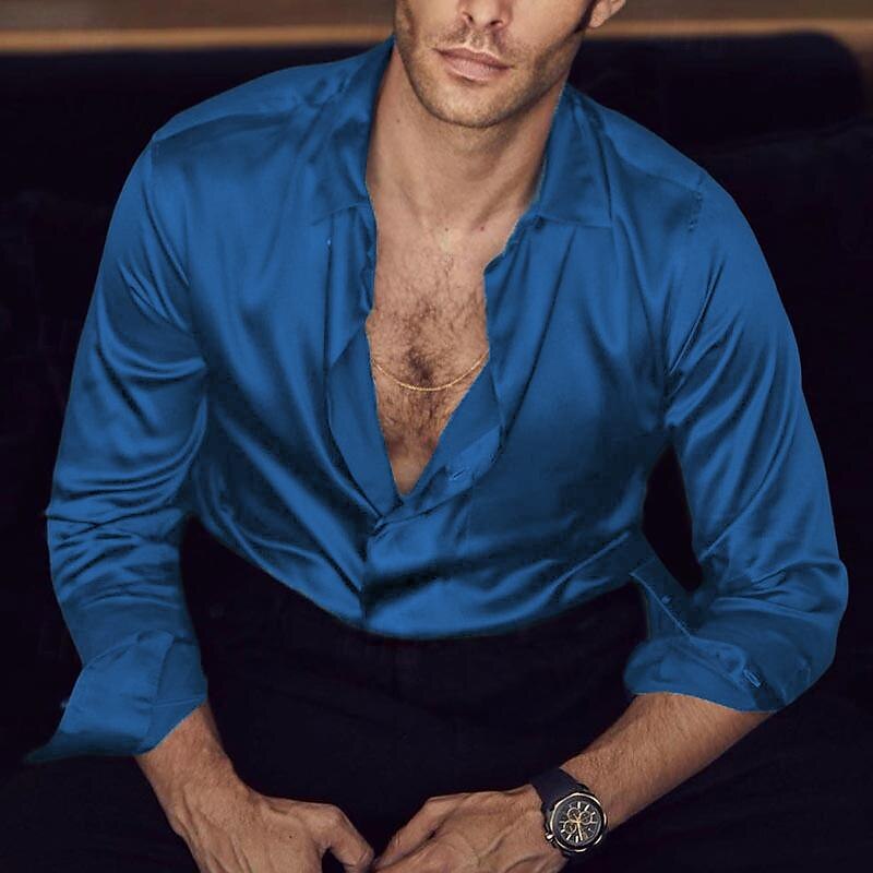 Men's Shirt Button Up Shirt Casual Shirt Satin Silk Shirt Black White Wine Blue Green Long Sleeve Plain Turndown Daily Vacation Clothing Apparel Fashion Casual Comfortable