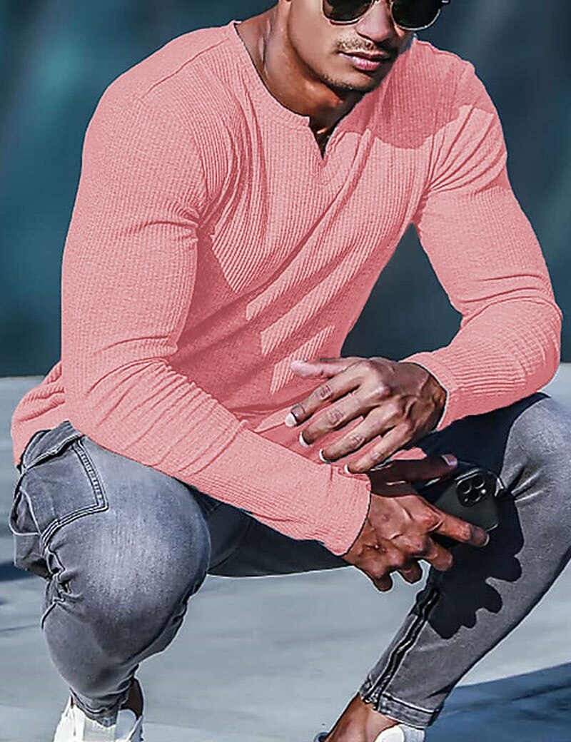 Men's Knitting Basic T-shirt Tee Top Long Sleeve Plain Pit Strip V Neck 