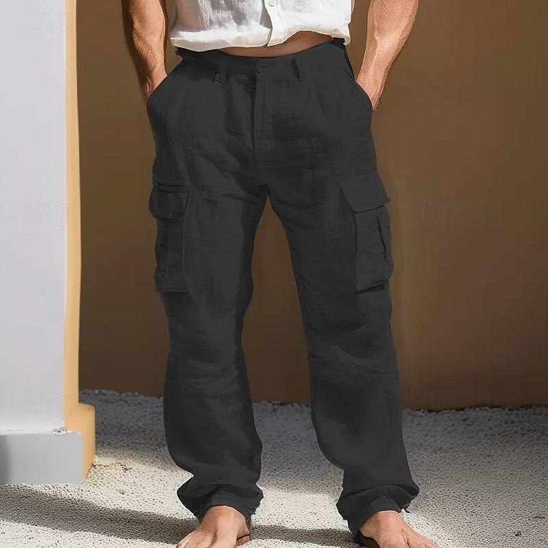 Men's Linen Pants Trousers Summer Pants Multi Pocket Straight Leg Plain Comfort Breathable Full Length Outdoor Daily Going out Fashion Streetwear Black White
