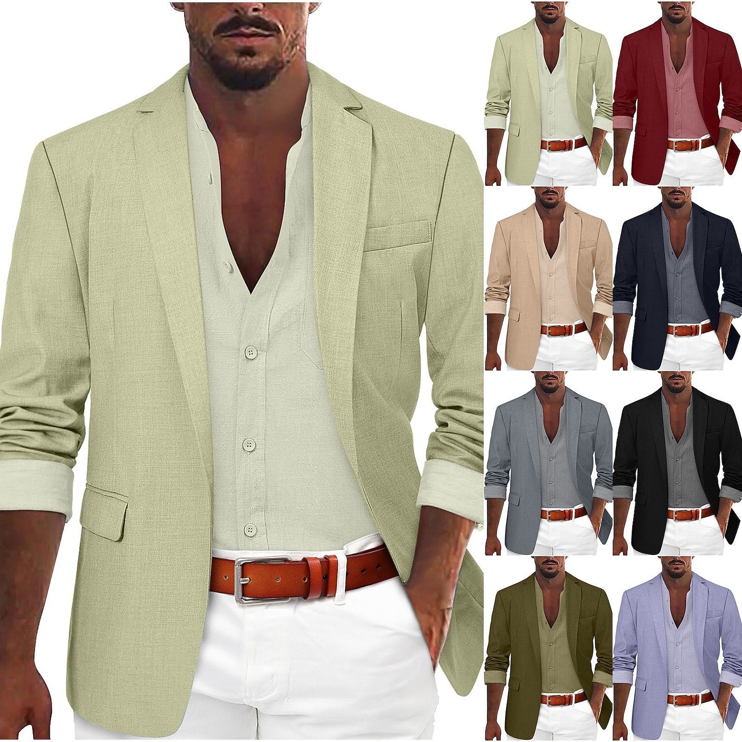 Men's Blazer Jacket Notch Collar Fashion Lightweight Casual Solid Colored Blazer Black Light Green Red Tailored Fit Single Breasted One-button