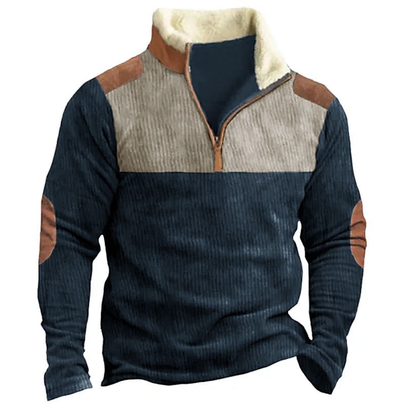 Men's Sweatshirt Zip Sweatshirt Corduroy Sweatshirt Half Zip Color Block Patchwork 
