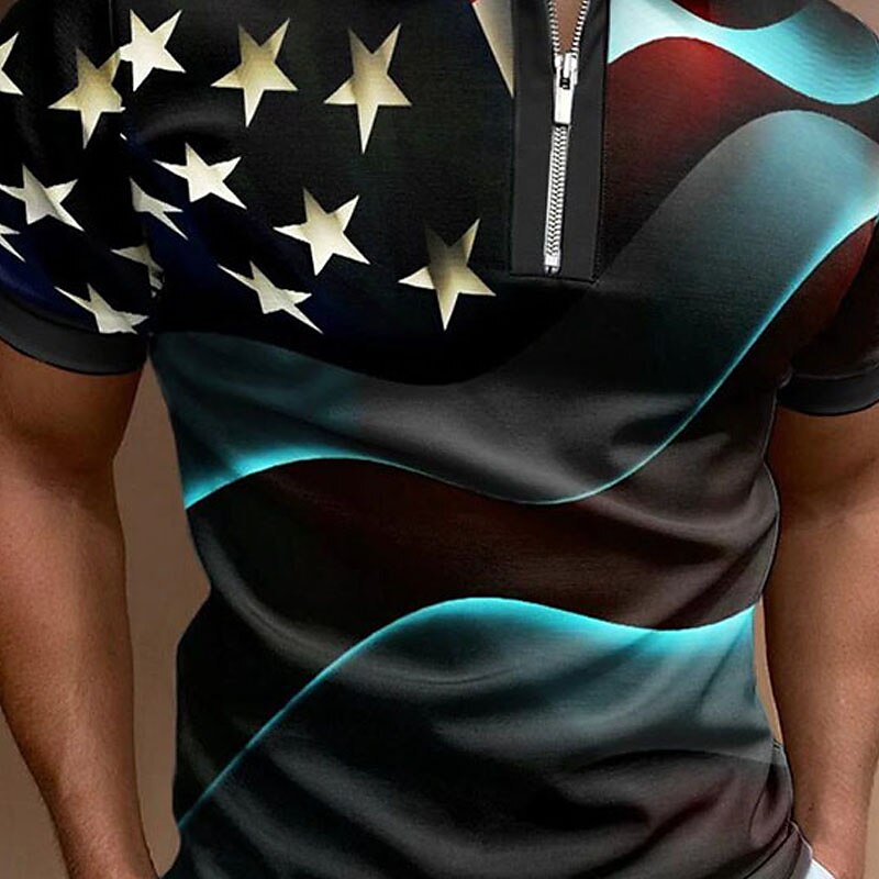 Men's Polo Shirt Golf Shirt Star Turndown Black White Black / Purple Red Royal Blue 3D Print Street Daily Short Sleeve Zipper 3D Clothing Apparel Fashion Casual Comfortable