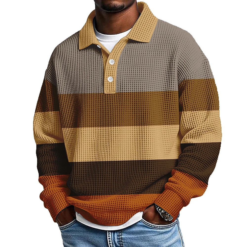 Men's Horizontal Stripes Waffle Polo Shirts Long Sleeve Polo Shirts Lapel Casual Athleisure Daily Wear 3D Print Spring Fall Winter Blue Dark Brown Light Brown