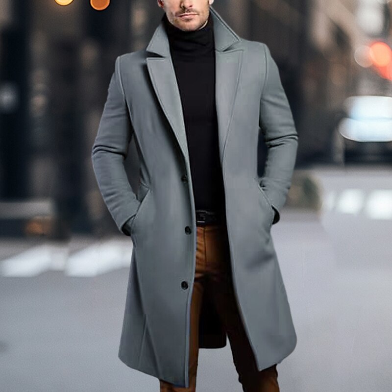 Men's Winter Coat Overcoat Long Trench Coat Outdoor Daily Wear Fall & Winter Outerwear Clothing Apparel Fashion Streetwear Plain Lapel Single Breasted