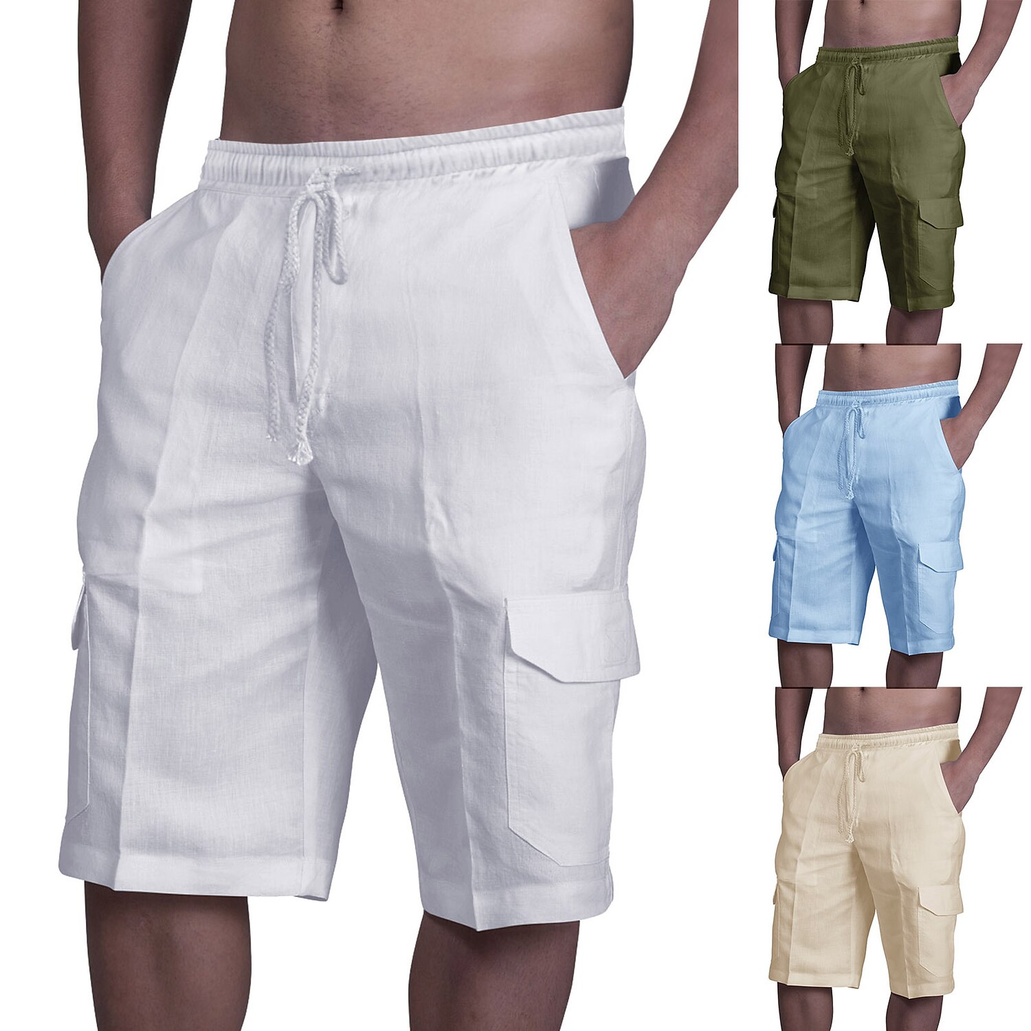 Men's Shorts Linen Shorts Summer Shorts Beach Shorts Multi Pocket Plain Knee Length Beach Linen / Cotton Blend Hawaiian Casual Black White Inelastic