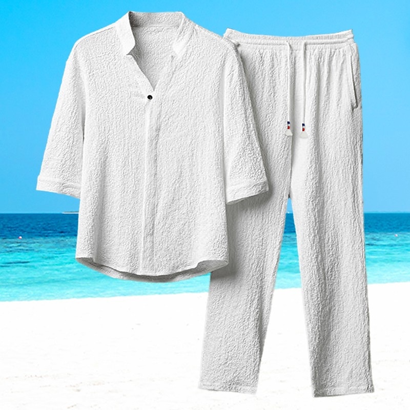 Men's 2 Piece Shirt Set Summer Set Casual Shirt Black White Gray Long Sleeve Plain Standing Collar Daily Vacation Front Pocket Clothing Apparel Fashion Casual Comfortable