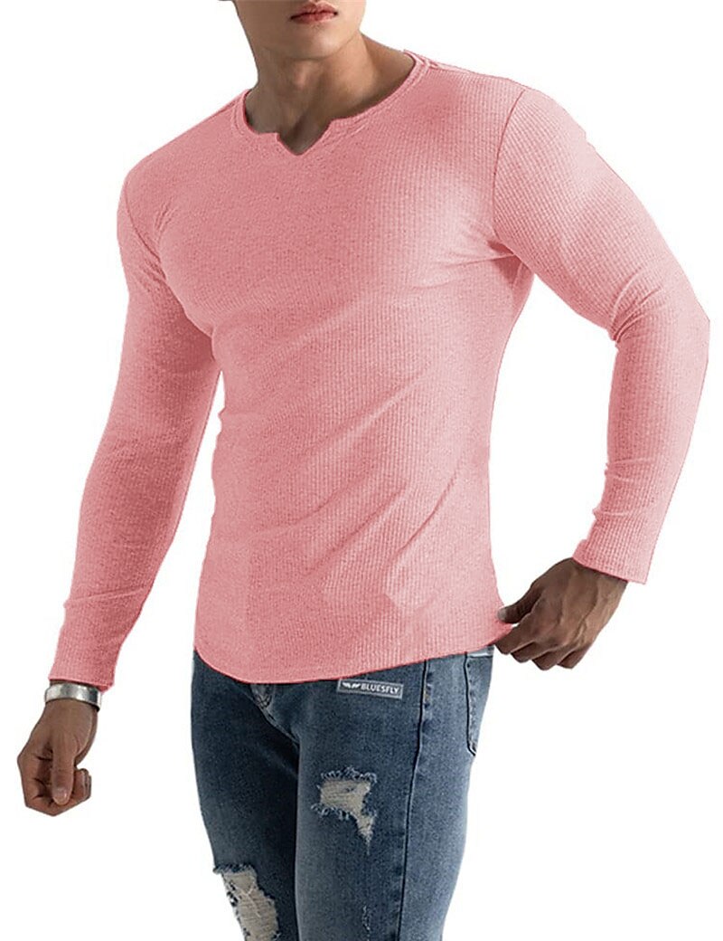 Men's Knitting Basic T-shirt Tee Top Long Sleeve Plain Pit Strip V Neck 
