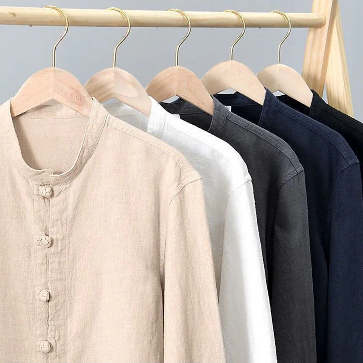 Men's Shirt Linen Shirt Viking Style Band Collar Shirt Summer Shirt  Beach Wear Solid Color Vacation Street Black White Navy Blue Gray Long Sleeve Mandarin Collar Summer Spring Clothing Apparel Buttons