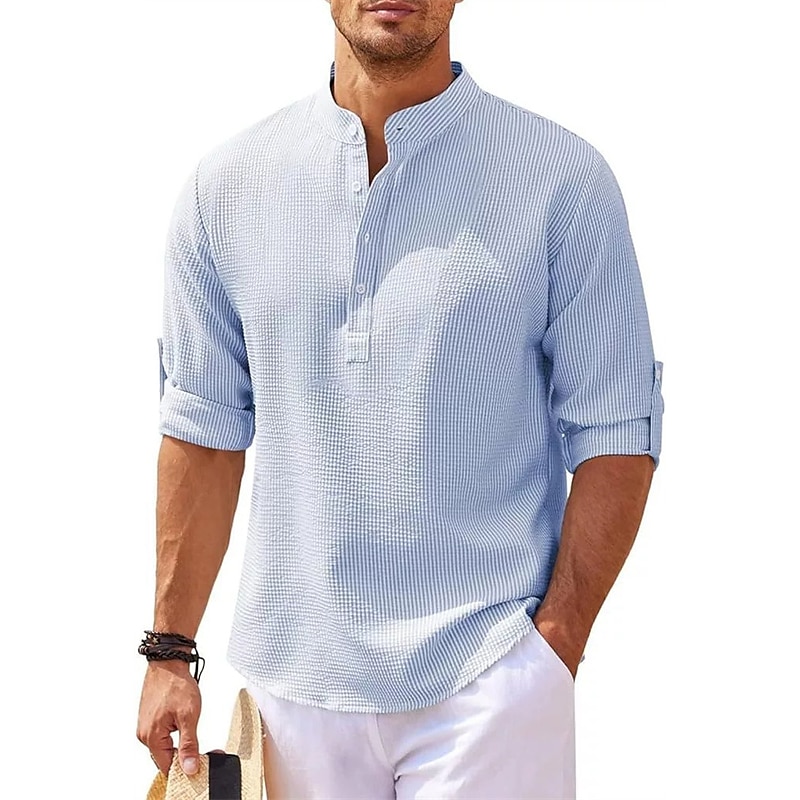 Men's Shirt Popover Shirt Summer Shirt Casual Shirt Beach Shirt Waffle Knit Shirt Black White Blue Sky Blue Army Green Long Sleeve Plain Stand Collar Vacation Hawaiian Buttons Clothing Apparel