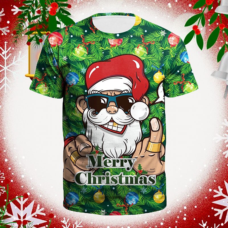 Christmas T Shirt Men's T shirt Tee Cartoon Graphic Prints Crew Neck White+Red Red+Army Green+White Green Black Pink 3D Print Outdoor Christmas Short Sleeve Print Clothing Apparel Sports Designer