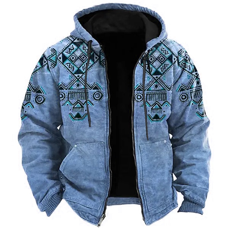 Mens Graphic Hoodie Tribal Prints Sports Ethnic Classic 3D Zip Jacket Outerwear Holiday Vacation Streetwear Hoodies Blue Brown Green Geometric Casual Pattern Cotton Native American