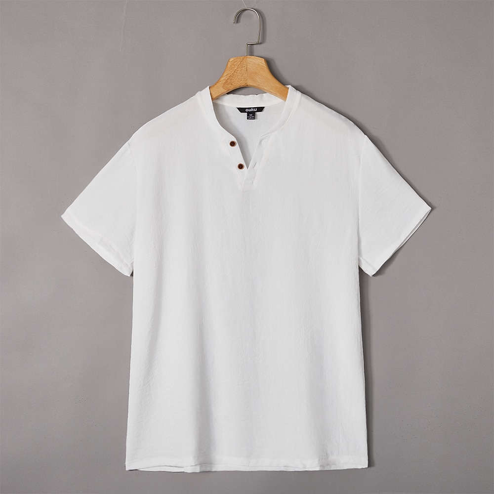Men's Henley Shirt Tee Top Short Sleeves Plain Fashion Designer Basic V Neck Vacation Street Going out Summer Navy Black White Henley T-Shirt