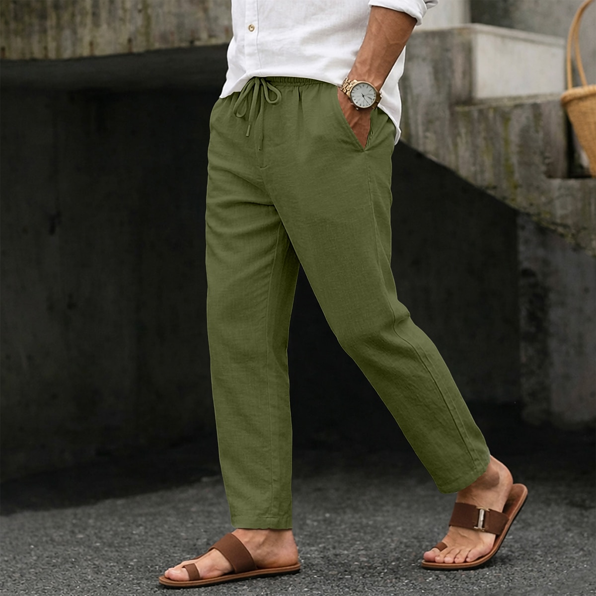 Men's Summer Pants Beach Pants Drawstring Pocket Elastic Waist Plain Comfort Breathable Full Length Daily Beach Vacation Vacation Hawaiian Blue Black Inelastic
