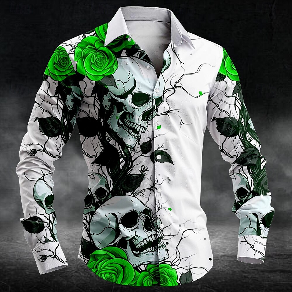 Rose Skull Casual Dark Men's Button Up Shirt Long Sleeve Party Evening Daily Fall Winter Spring & Summer Shirt Collar Button Up 3D Print Thin Black White Blue Purple Green Polyester