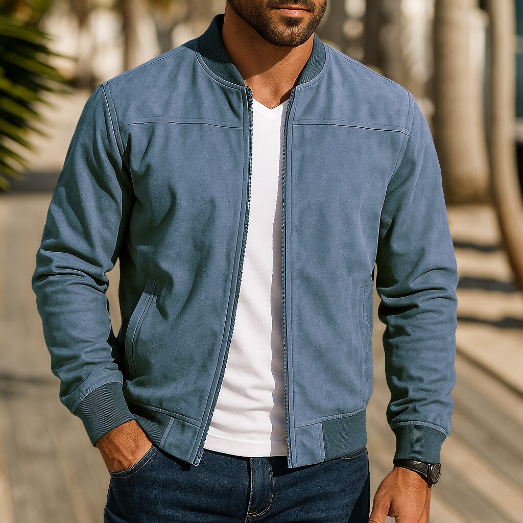 Men's Outdoor Jacket Faux Suede Jacket Bomber Jacket Formal Home Zipper Pocket Fall Winter Solid Color Active Neutral Collar Regular Black Navy Blue Blue Brown Green Jacket