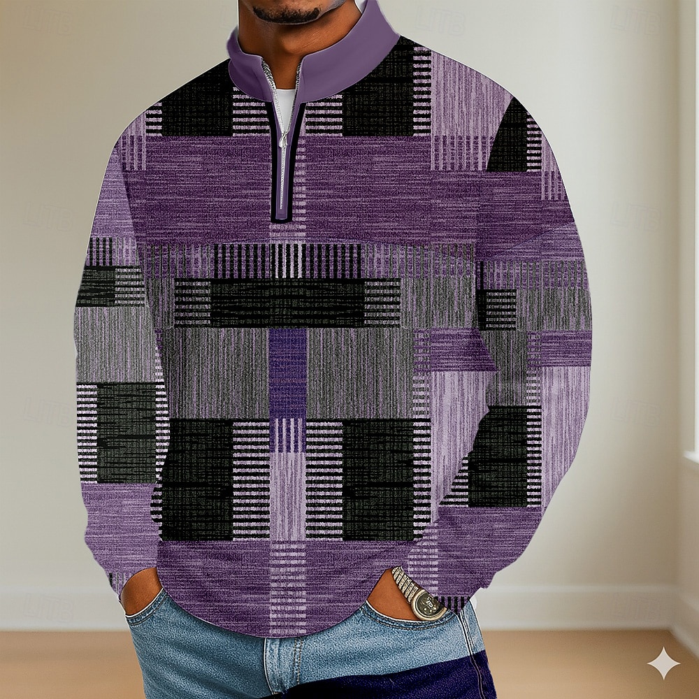 Men's Color Block Geometic Polo Long Sleeve Standing Collar Athleisure Vacation Athleisure Casual Daily 3D Print Spring Fall Blue Purple Brown