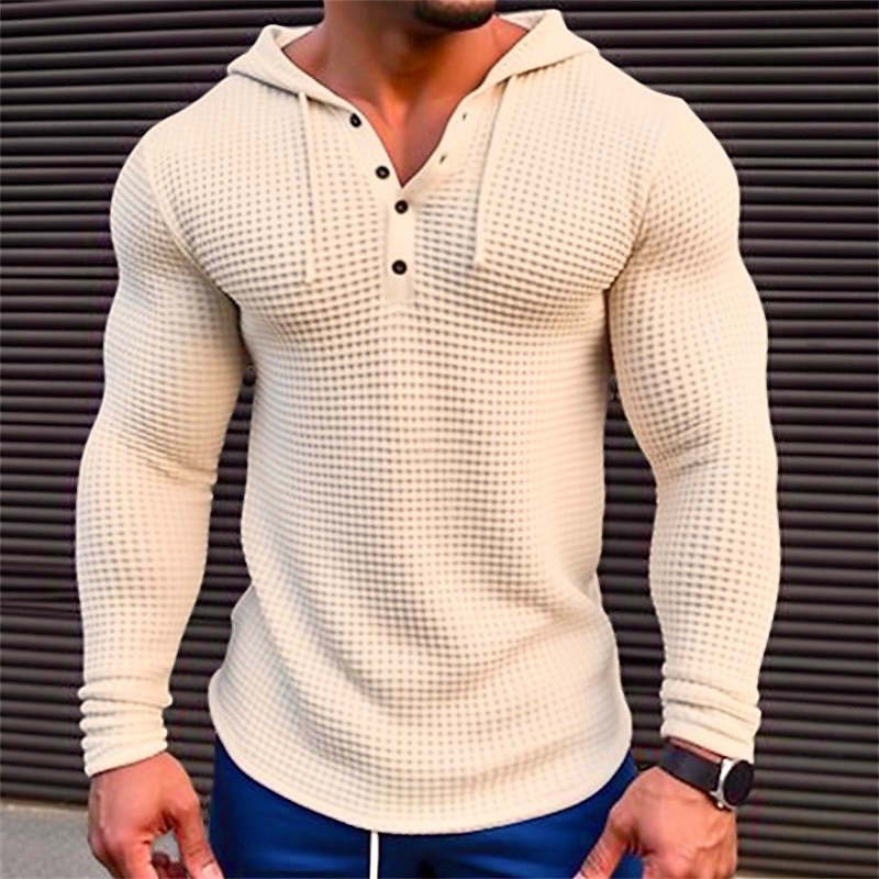 Men's T Shirt Waffle Henley Shirt Tee Top Long Sleeve Shirt Long Sleeve Hooded Spring &  Fall Color Block Fashion Designer Basic Patchwork Vacation Street Going out White Khaki Army Green Top Tee for