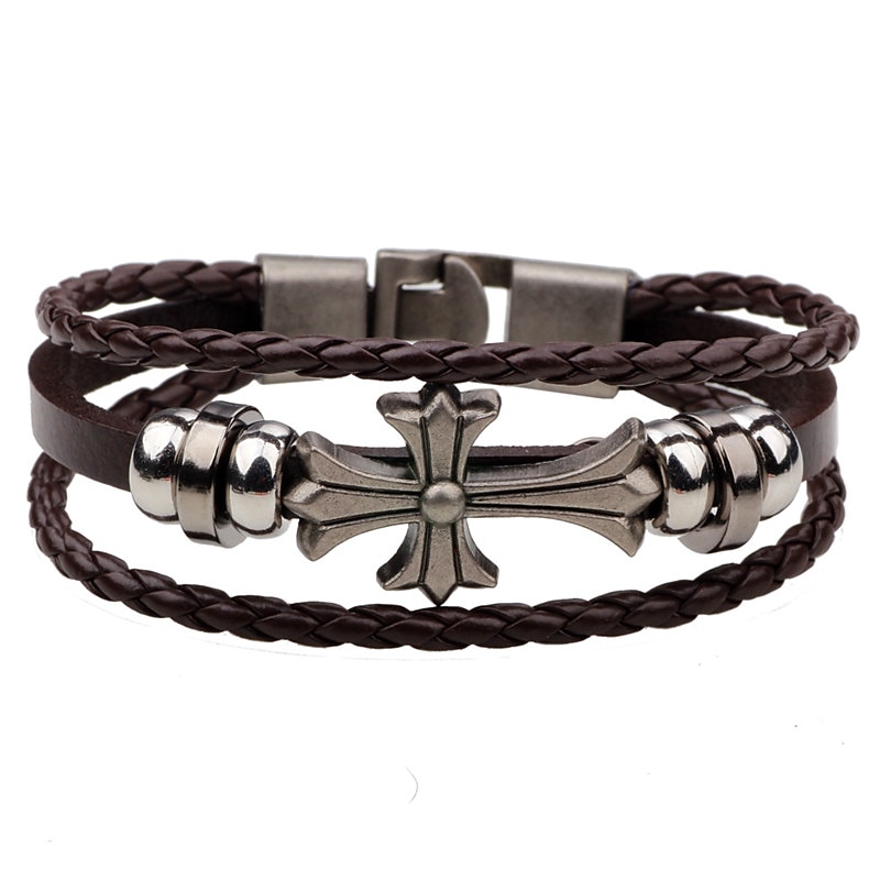 Men's Leather Bracelet Classic Cross Personalized Stylish Simple Fashion Trendy Leather Bracelet Jewelry Black / Brown For Daily Holiday Prom Birthday Festival