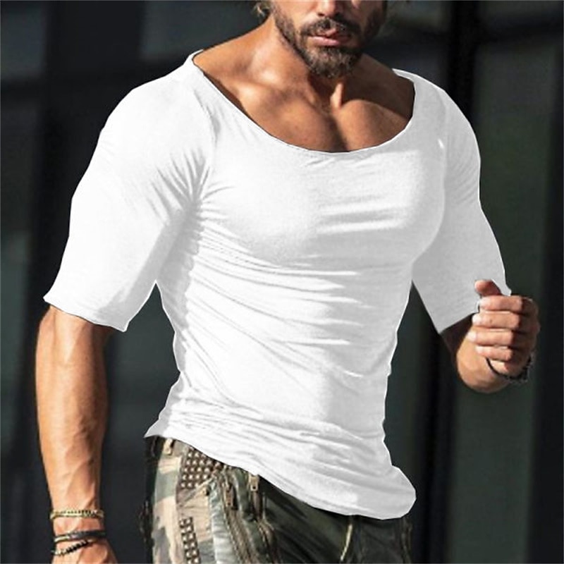 Men's T shirt Tee Plain Boat Neck Short Sleeve Cotton Sports Fashion Lightweight