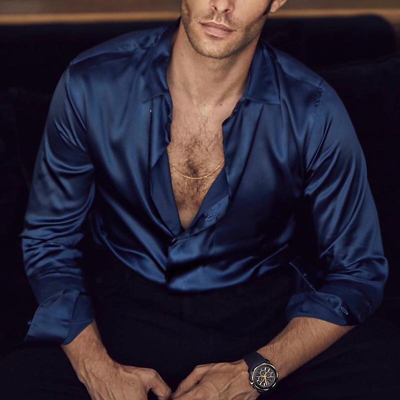 Men's Shirt Button Up Shirt Casual Shirt Satin Long Sleeve Plain Turndown Daily 