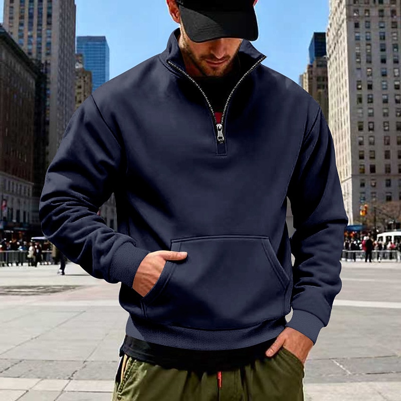 Men's Sweatshirt  Pullover Quarter Zip Sweatshirt Black White Army Green Navy Blue Camel Standing Collar Plain Kangaroo Pocket Sports & Outdoor Casual Daily Streetwear Cool Sportswear
