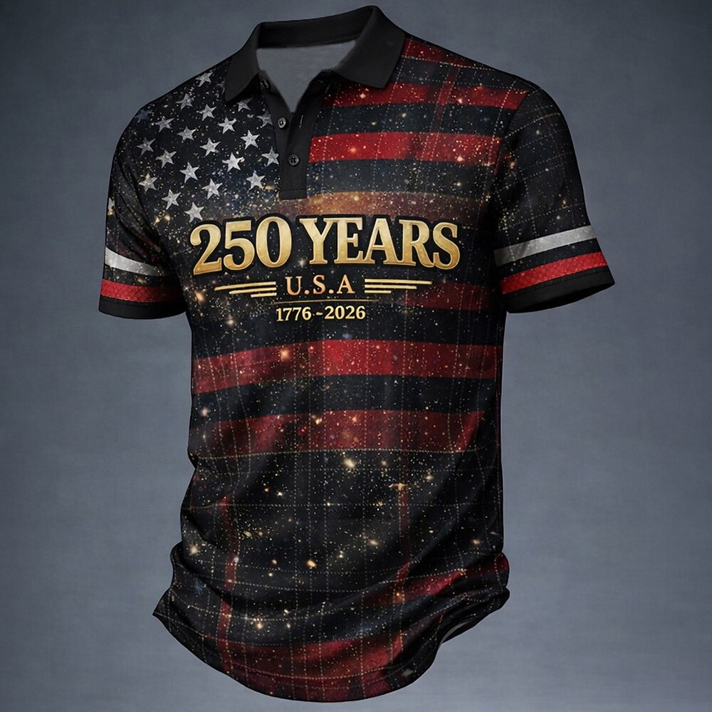 4th of July 2026 250th Men's American US Flag Polo Shirts Short Sleeve Polo Shirts Lapel Casual Athleisure Daily Wear Festival Outfit 3D Print Buttons Spring & Summer Blue Red Gray