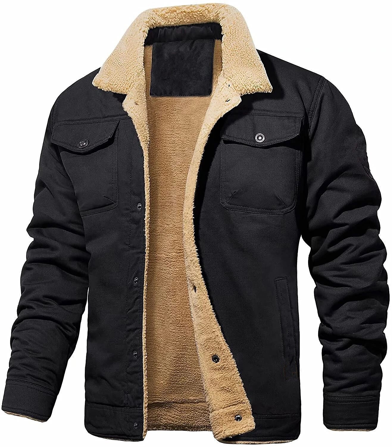 Men's Winter Fleece Work Daily Wear Vacation Warm Pocket Button-DownSolid / Plain Color Comfort Leisure Turndown Dark-Gray Military