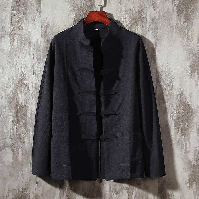 Men's Shirt Linen Shirt Chinese Collar Shirt Mandarin Collar Shirt Coat Casual Shirt Cotton Shirt Plain Vacation Hawaiian Black White Navy Blue Beige Long Sleeve Grandad Collar Spring &  Fall Clothing