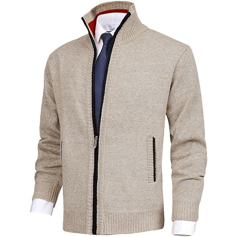 Men's Zip Ribbed Knit Zipper Pocket Solid Color Stand Collar Warm Ups Modern Contemporary Daily Wear Going out Clothing Apparel Winter Fall Sweater Cardigan