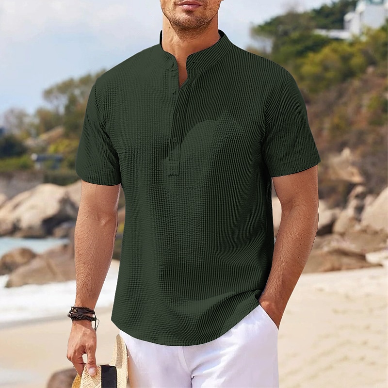 Men's Shirt Popover Shirt Summer Shirt Casual Shirt Beach Shirt Waffle Knit Shirt Black White Blue Sky Blue Army Green Long Sleeve Plain Stand Collar Vacation Hawaiian Buttons Clothing Apparel