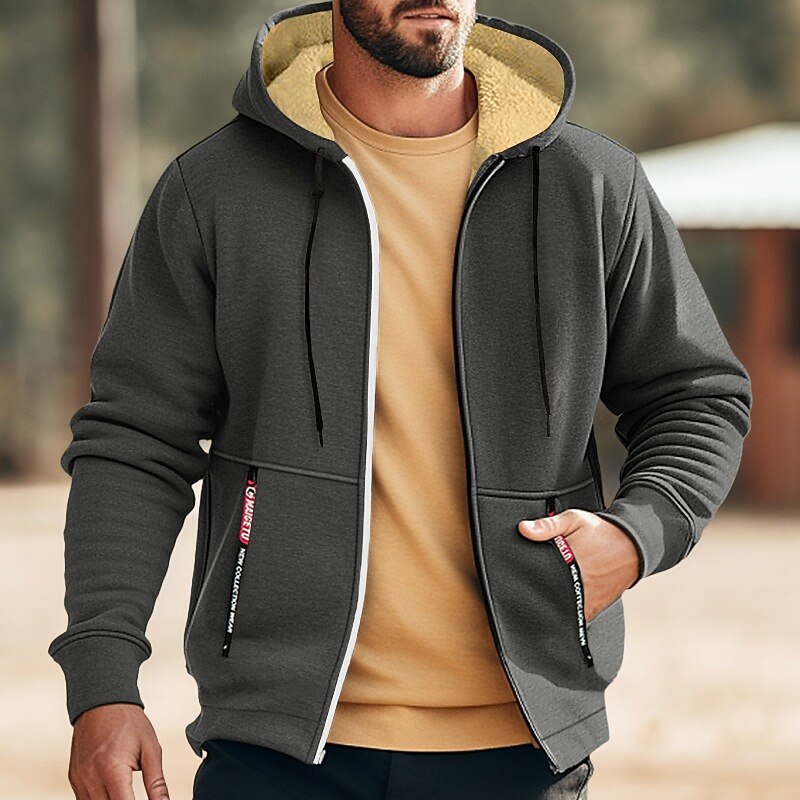 Men's Double Layer Fleece Hooded Jacket Sweat Jacket Black White Wine Army Green Navy Blue Hooded Solid Color Zipper Cool Casual Essential Winter Clothing Apparel Hoodies Sweatshirts  Long