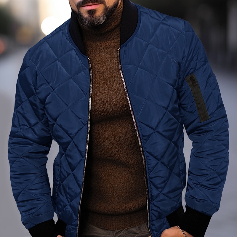 Men's Winter Jacket Quilted Jacket Outdoor Daily Wear Warm Pocket Fall Winter Plain Fashion Streetwear Standing Collar Regular Black Wine Blue Red & White Army Green Jacket