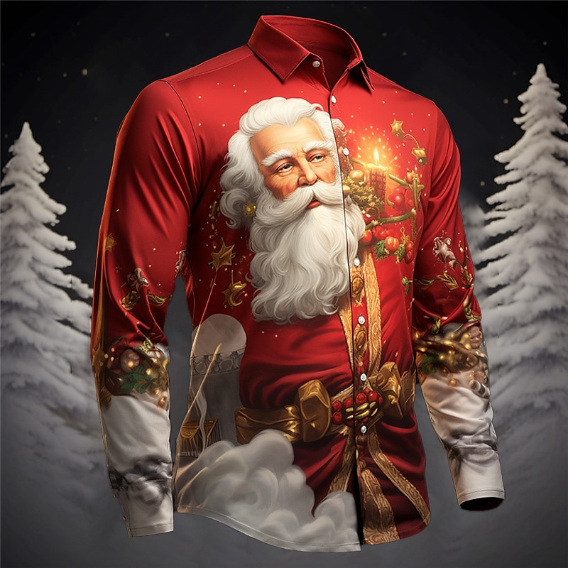 Santa Claus Casual Men's Shirt Outdoor Christmas Street Fall & Winter Turndown Long Sleeve White Yellow Pink S M L Shirt