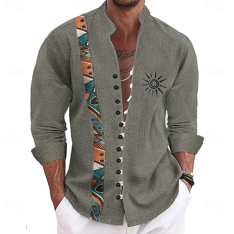 Men's Sun Ethnic Culture Shirt Stand Collar Shirt Long Sleeve Vintage Retro Vacation Daily Wear Going out Spring Fall Mandarin Collar Band Collar Button-Down Linen Like Shirt Blue Dark Green