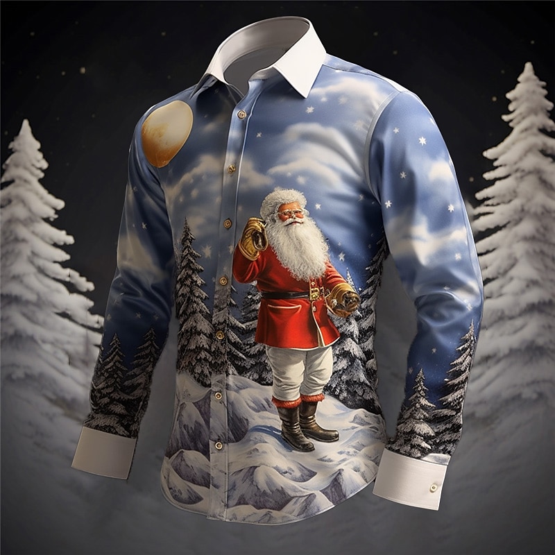 Santa Claus Casual Men's Shirt Christmas Daily Wear Going out Fall & Winter Turndown Long Sleeve Gray+Purple, Red+Pink, Light Blue S, M, L 4-Way Stretch Fabric Shirt