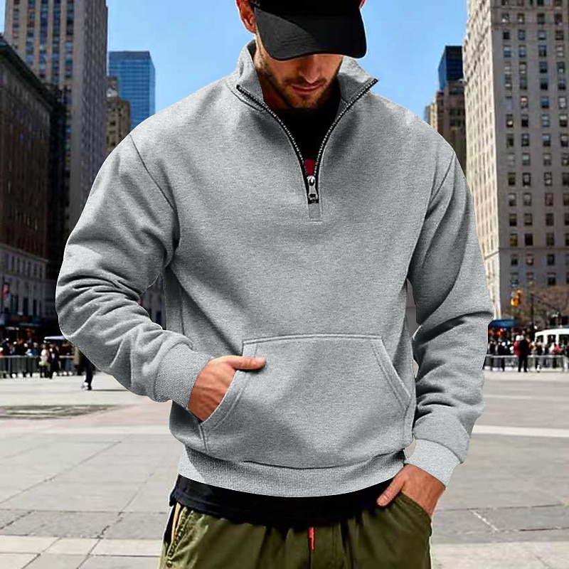 Men's Sweatshirt  Pullover Quarter Zip Sweatshirt Black White Army Green Navy Blue Camel Standing Collar Plain Kangaroo Pocket Sports & Outdoor Casual Daily Streetwear Cool Sportswear