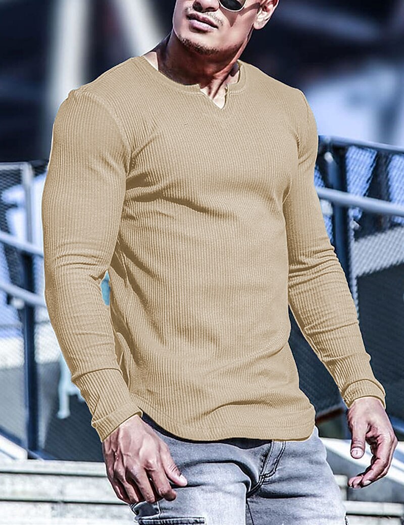 Men's Knitting Basic T-shirt Tee Top Long Sleeve Plain Pit Strip V Neck 