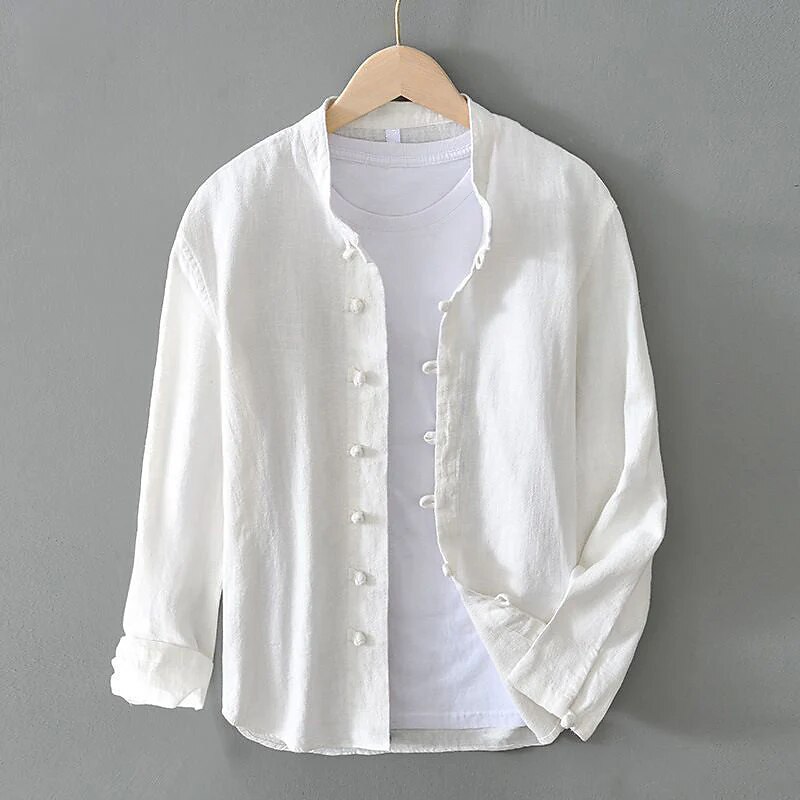 Men's Shirt Linen Shirt Viking Style Band Collar Shirt Summer Shirt  Beach Wear Solid Color Vacation Street Black White Navy Blue Gray Long Sleeve Mandarin Collar Summer Spring Clothing Apparel Buttons