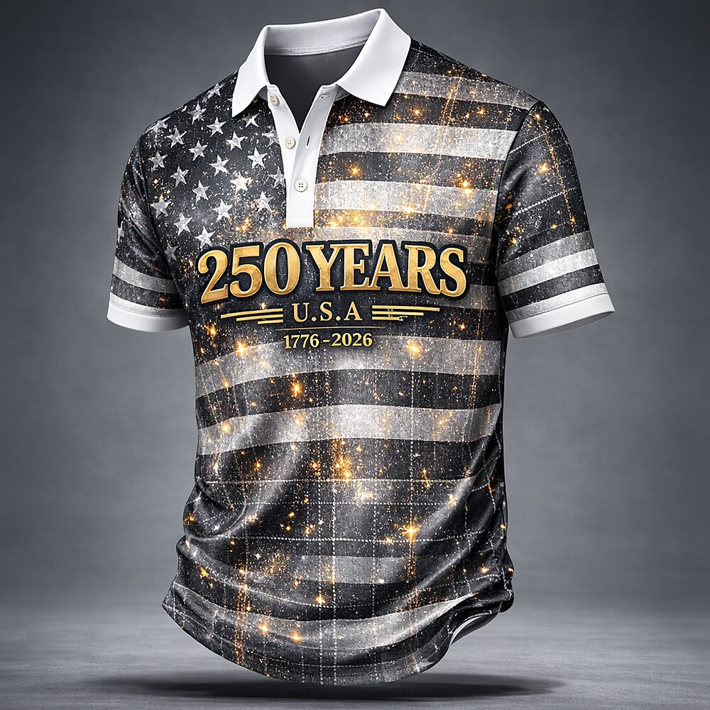4th of July 2026 250th Men's American US Flag Polo Shirts Short Sleeve Polo Shirts Lapel Casual Athleisure Daily Wear Festival Outfit 3D Print Buttons Spring & Summer Blue Red Gray