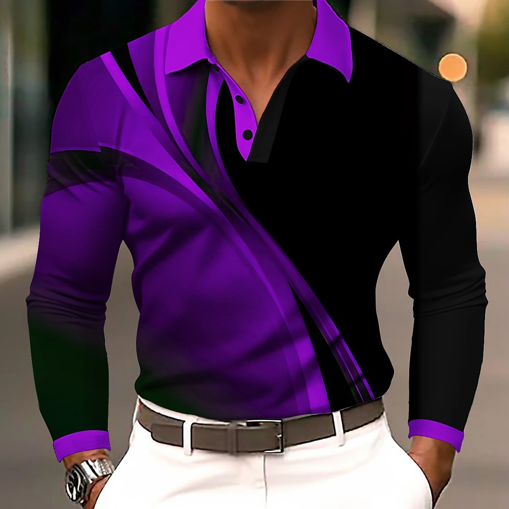 Men's Geometic Line Polo Long Sleeve Polo Shirts Lapel Business Casual Athleisure Daily Wear 3D Print Buttons Spring Fall Winter Blue Purple Orange