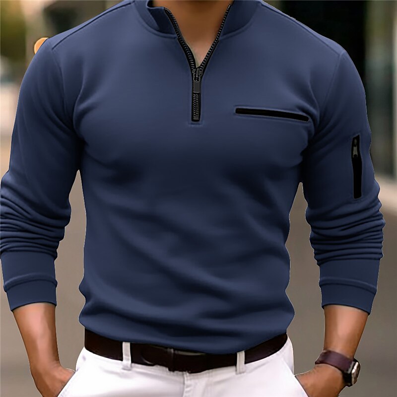 Men's Polo Shirt Quarter Zip Polo Work Daily Wear Quarter Zip Long Sleeve Fashion Comfortable Plain Pocket Zip Up Spring &  Fall Regular Fit Black White Navy Blue Orange Polo Shirt