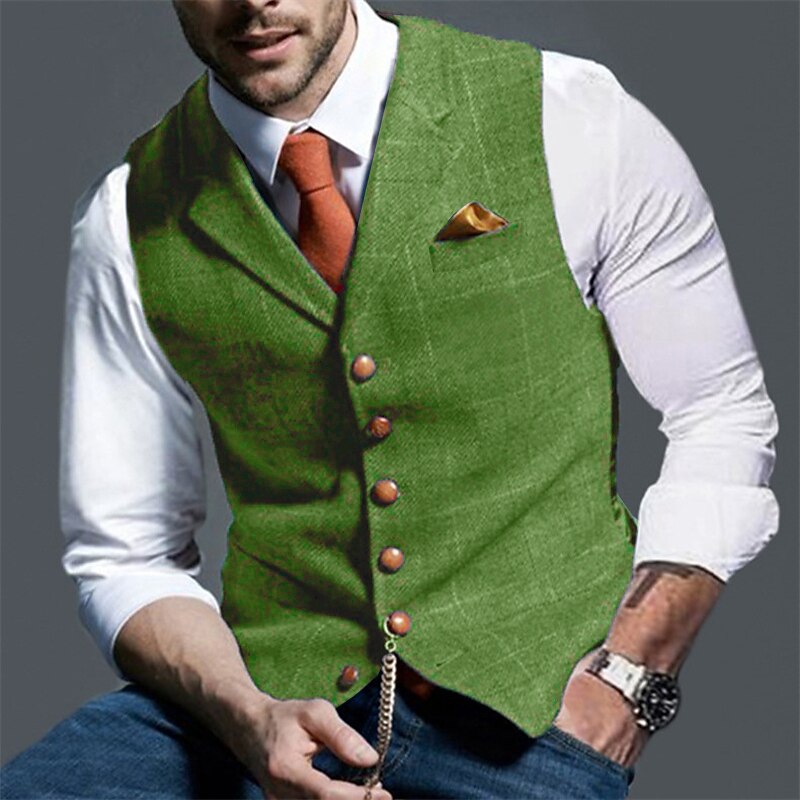 Men's Vest Tweed Vest Waistcoat Vintage Fashion Spring &  Fall Buttons Wool Blend Comfortable Plain Single Breasted V Neck Regular Fit Deep Green Navy Dark Gray Light Grey Vest